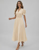 Aurelia Midi Dress cream dress with sleeves for elegant occasions, featuring a flattering V-neckline and ruched waist.