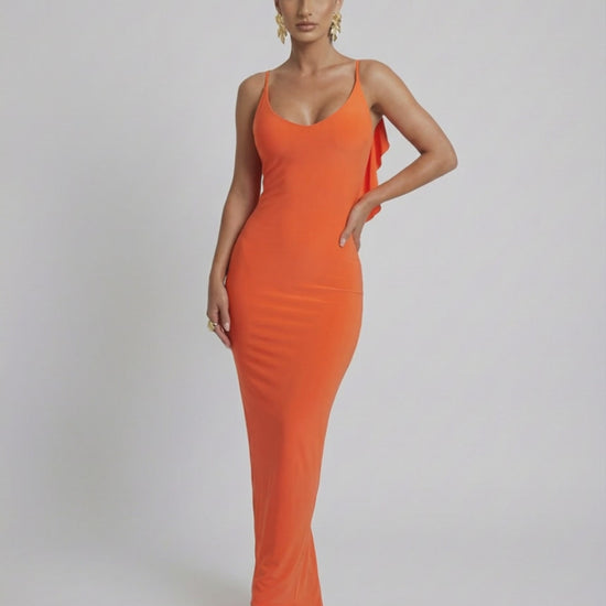 Lauven Orion Maxi Dress in sleek orange, sleeveless silhouette featuring stretch-enhanced fit.