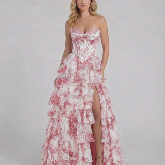 Rose Maxi Dress by Lauven - Pink floral tiered chiffon prom dress with strapless corset bodice.