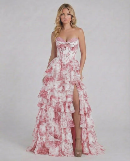 Rose Maxi Dress by Lauven - Pink floral tiered chiffon prom dress with strapless corset bodice.