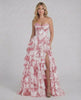 Rose Maxi Dress by Lauven - Pink floral tiered chiffon prom dress with strapless corset bodice.
