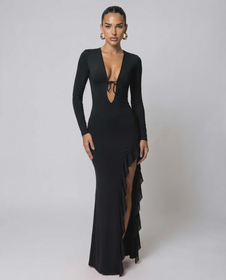 Monaco Maxi Dress featuring deep V-neck, ruffle high slit, and long sleeves by Lauven for a sleek, elegant look.