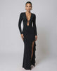 Monaco Maxi Dress featuring deep V-neck, ruffle high slit, and long sleeves by Lauven for a sleek, elegant look.