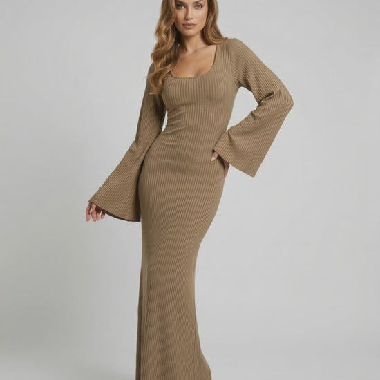 Sienna Maxi Dress in ribbed knit, long sleeve, elegant silhouette by Lauven, perfect blend of softness and style.