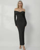 Noir Maxi Dress by Lauven, showcasing a sleek off-shoulder design with a slim fit and elegant black fabric.