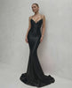 Monaco Maxi Dress featuring sleek black satin, lace-up back, V-neck silhouette, and crafted by Lauven for a stunning look.