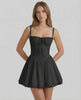 Vesper Mini Dress featuring black corset style, lace trim, and A-line skirt from Lauven, combining elegance and comfort.