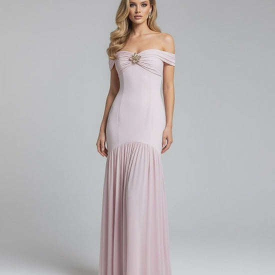 Celeste Maxi Dress by Lauven, elegant off-shoulder evening gown in soft pink with metallic embellishment.