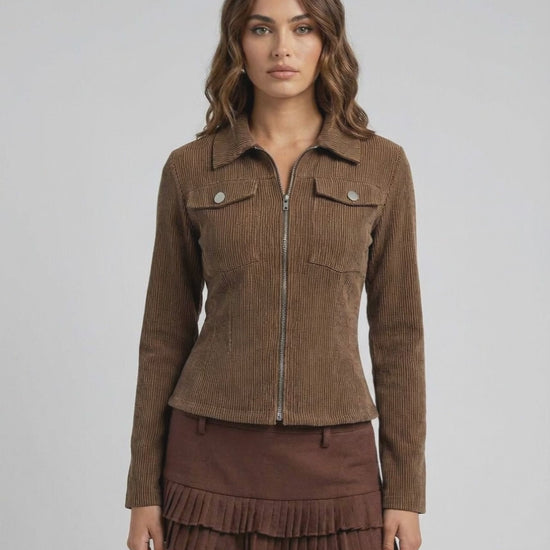 Florence Jacket by Lauven – Women’s brown corduroy jacket with zip and tailored fit.