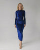 Sapphire Midi Dress by Lauven, elegant blue sheath dress with ruched detailing and long sleeves.