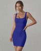 Indigo Mini Dress by Lauven in vibrant blue ribbed knit with sleek square neckline and sleeveless design.
