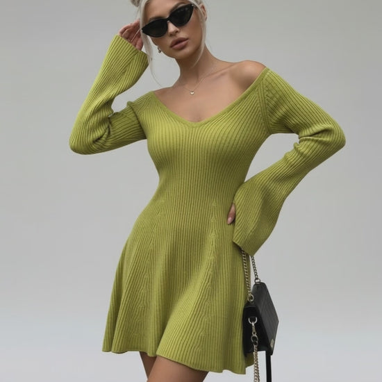 Aura Mini Dress by Lauven - Slim fit green knit with V-neck and flared cuffs, perfect for modern elegance.