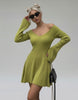 Aura Mini Dress by Lauven - Slim fit green knit with V-neck and flared cuffs, perfect for modern elegance.