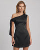 Veloura Mini Dress: Satin finish, asymmetric neckline, A-line silhouette by Lauven for a modern, chic look.