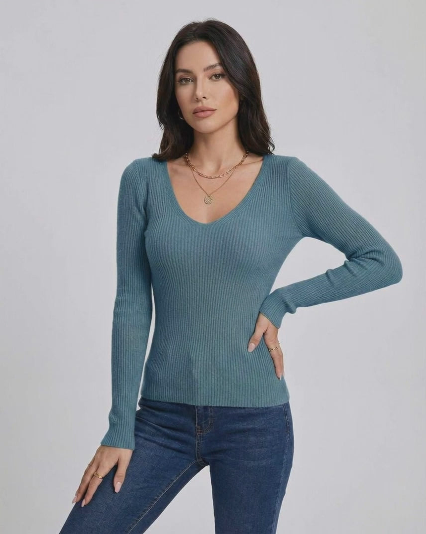 Azure Pullover by Lauven – Women’s V-Neck Pullover Sweater in teal color, offering a slim fit and long sleeves.
