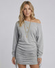 Sterling Mini Dress by Lauven, soft light gray tone, adjustable side gathered drawstrings, modern and elegant style.