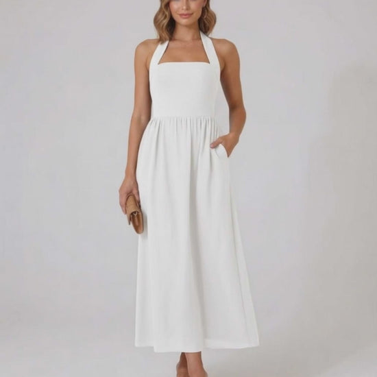 Selene Midi Dress - White halter midi dress with elegant A-line flow by Lauven, designed for modern femininity and sophistication.