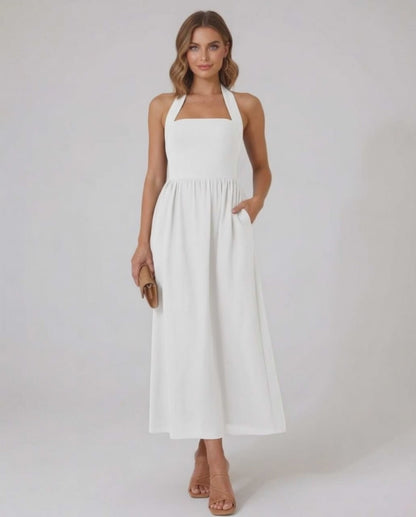 Selene Midi Dress - White halter midi dress with elegant A-line flow by Lauven, designed for modern femininity and sophistication.