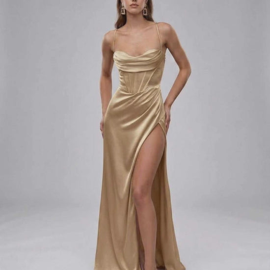 Solara Maxi Dress by Lauven - Luxurious champagne satin gown with high slit for an elegant silhouette.