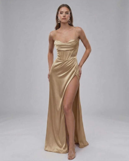 Solara Maxi Dress by Lauven - Luxurious champagne satin gown with high slit for an elegant silhouette.
