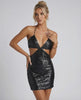 Luna Mini Dress by Lauven, black sequined sleeveless party dress with cutout details and plunging neckline.