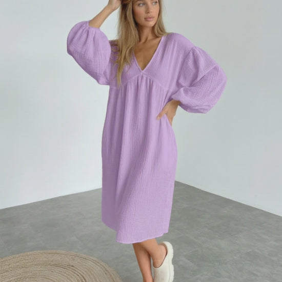 Elara Midi Dress in lavender cotton, featuring puff sleeve detail for effortless elegance by Lauven.