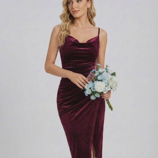 Verona Mini Dress - Velvet Cowl Neck Sheath in burgundy with elegant slit, perfect for evening occasions by Lauven.