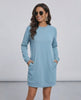 Celeste Mini Dress by Lauven in light blue, showcasing a casual O neck long sleeve sweatshirt style with pockets.