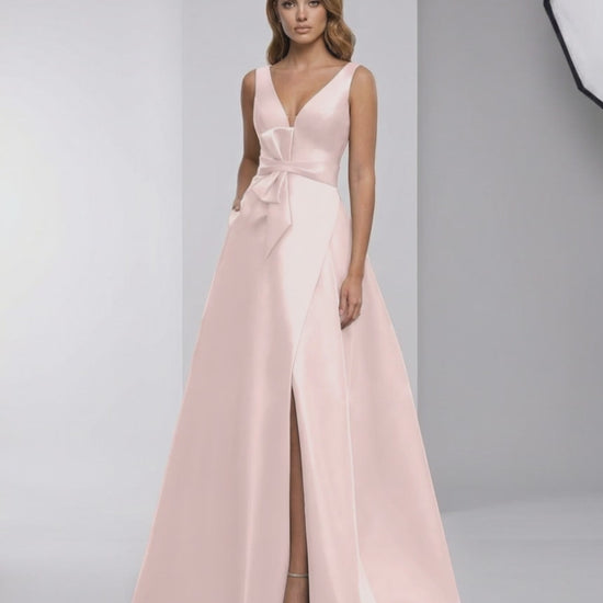 Elara Maxi Dress - satin A-line V-neck floor-length evening dress by Lauven, featuring a graceful blush design with bow detail.