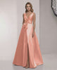Elegant Solara Maxi Dress by Lauven, satin A-line peach dress with V-neck and bow detail, perfect for formal occasions.