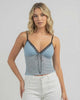 Azure Lace Top by Lauven featuring a soft blue body with black lace trim and a delicate front tie.