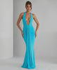 Aurelia Maxi Dress in turquoise, featuring a halter neck and stylish ruching for a sleek, modern look by Lauven.