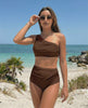 Chestnut Two-Piece Swimsuit by Lauven, brown cotton swimsuit with asymmetric design and underwire support, perfect for beachwear.