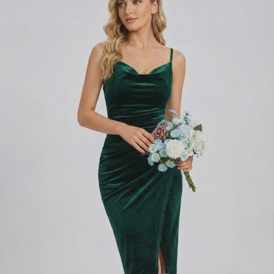 Emerald Mini Dress featuring green velvet, cowl neck, elegant slit, by Lauven, perfect for elevated occasions.