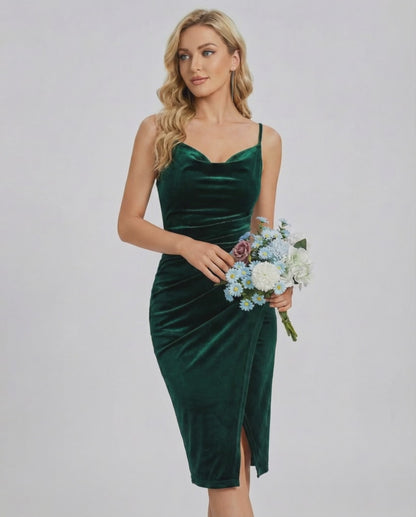 Emerald Mini Dress featuring green velvet, cowl neck, elegant slit, by Lauven, perfect for elevated occasions.