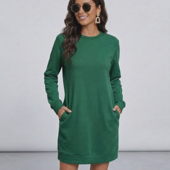 Verde Mini Dress by Lauven - Casual emerald green sweatshirt dress with pockets, perfect for any season.