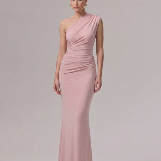 Aurelia Maxi Dress, one-shoulder stretch jersey, fluid drape, and modern elegance by Lauven.