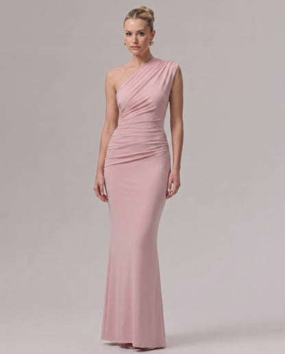 Aurelia Maxi Dress, one-shoulder stretch jersey, fluid drape, and modern elegance by Lauven.