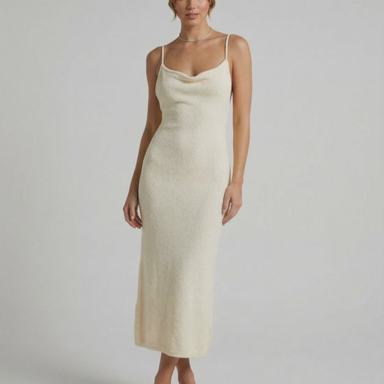 Elowen Midi Dress by Lauven, elegant cream spaghetti strap midi dress with slim silhouette.