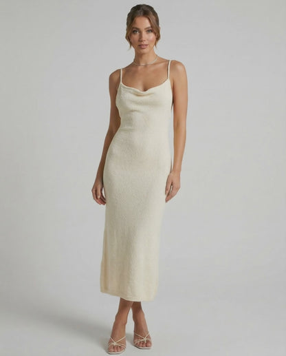 Elowen Midi Dress by Lauven, elegant cream spaghetti strap midi dress with slim silhouette.