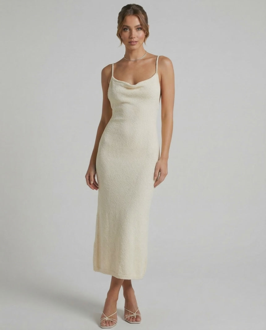 Elowen Midi Dress by Lauven, elegant cream spaghetti strap midi dress with slim silhouette.