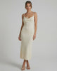 Elowen Midi Dress by Lauven, elegant cream spaghetti strap midi dress with slim silhouette.
