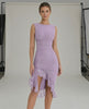 Violet Midi Dress - Purple Ruched Midi Dress with Ruffle Hem by Lauven, showcasing modern femininity and elegance.