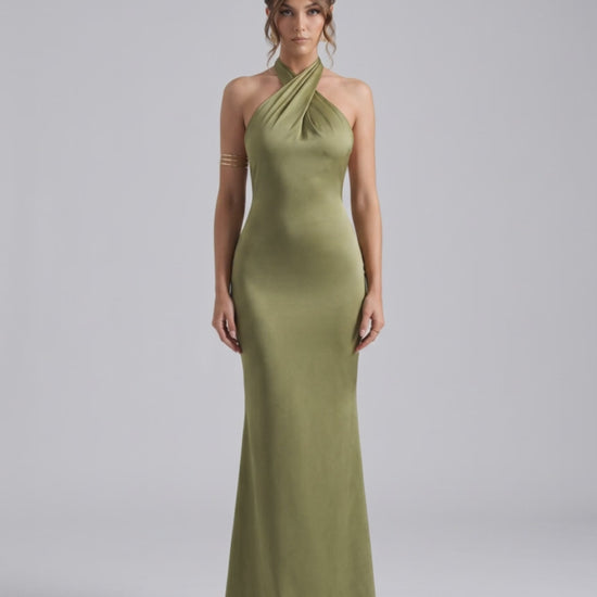 Zerelle Maxi Dress in olive green, featuring a halter neckline, elegant ruffle detail, and fluid polyester design by Lauven.