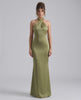 Zerelle Maxi Dress in olive green, featuring a halter neckline, elegant ruffle detail, and fluid polyester design by Lauven.