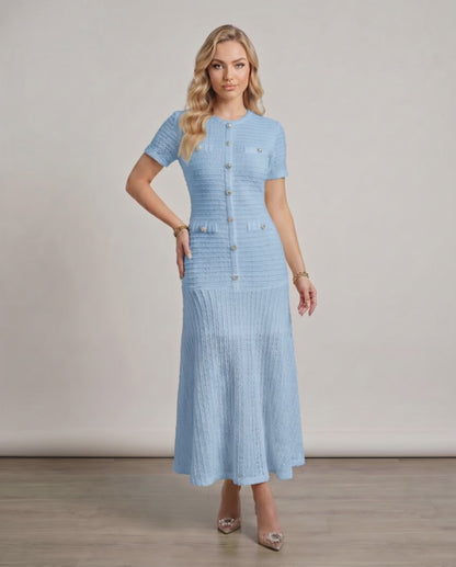 Aureline Maxi Dress by Lauven, textured knit, round neck, flared hem, polished finish for a refined silhouette.