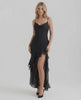 Nocturne Maxi Dress by Lauven, black satin dress with sheer ruffle hem, elegant evening dress with graceful movement.