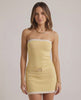 Aurora Mini Dress by Lauven – Soft yellow strapless knit bodycon dress with cream trim, perfect for warm seasons.