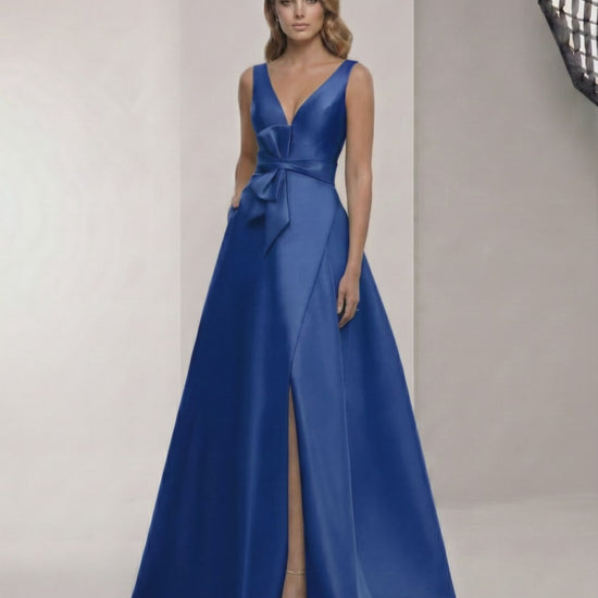 Caspia Maxi Dress – Elegant blue satin A-Line design with wrap slit, bow waist by Lauven.