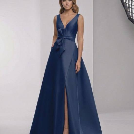 Orlena Maxi Dress - Navy satin A-Line with wrap slit, bow detail; elegant for formal occasions by Lauven.